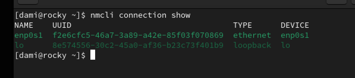 nmcli connection show output