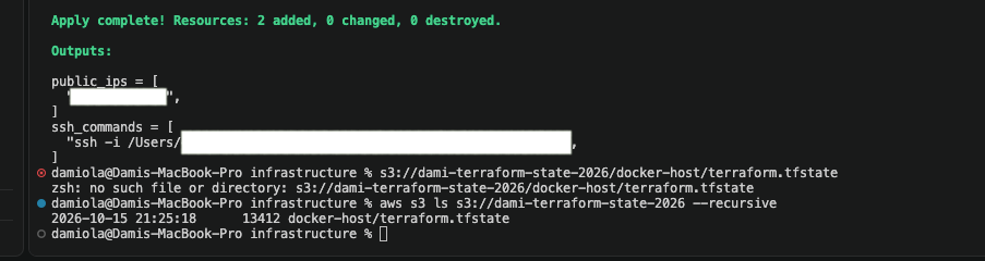 Terraform apply output followed by an S3 listing showing the remote state file
