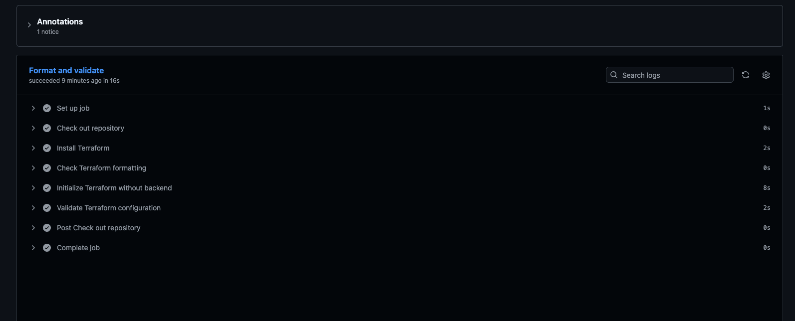 Successful GitHub Actions run after the Terraform formatting correction
